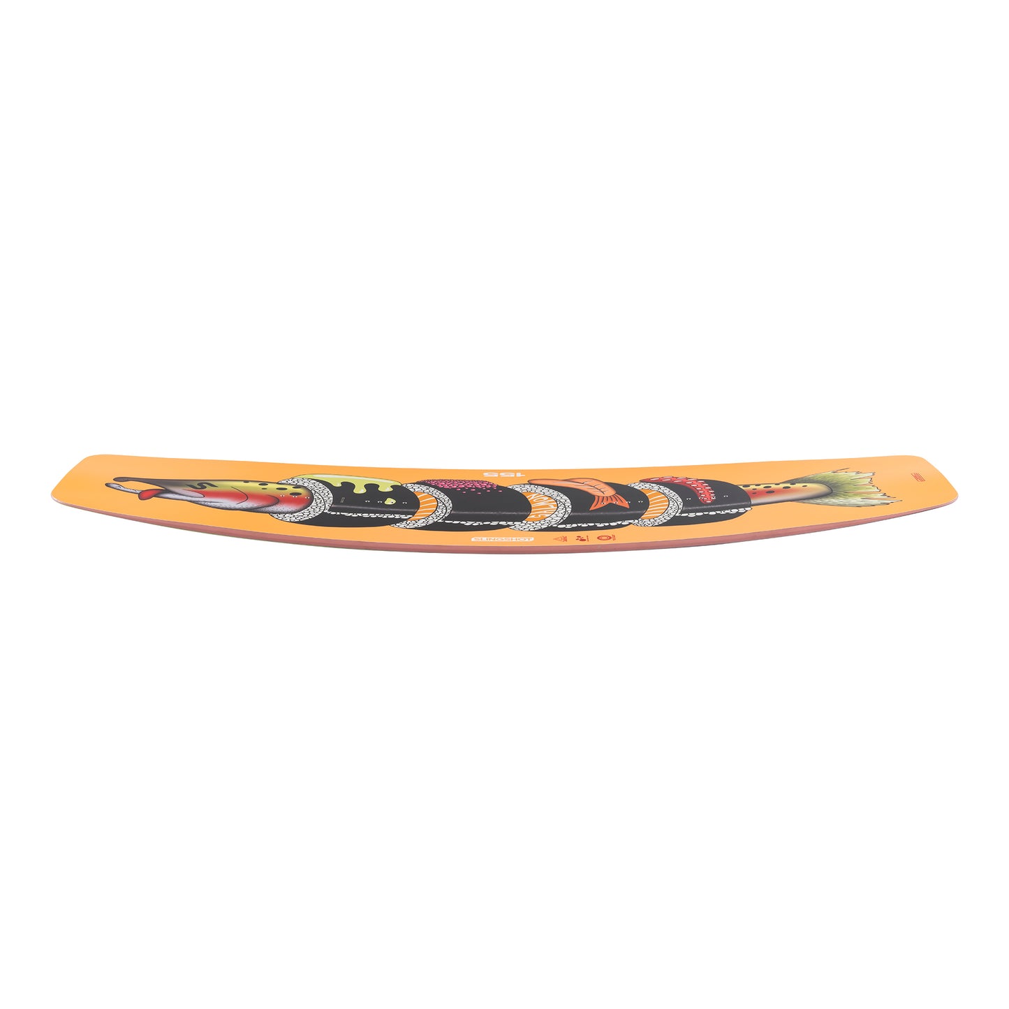 Slingshot Wakeboard "SALMON" mit Comiczeichnung eines Lachs, der in Sushirollen steckt
