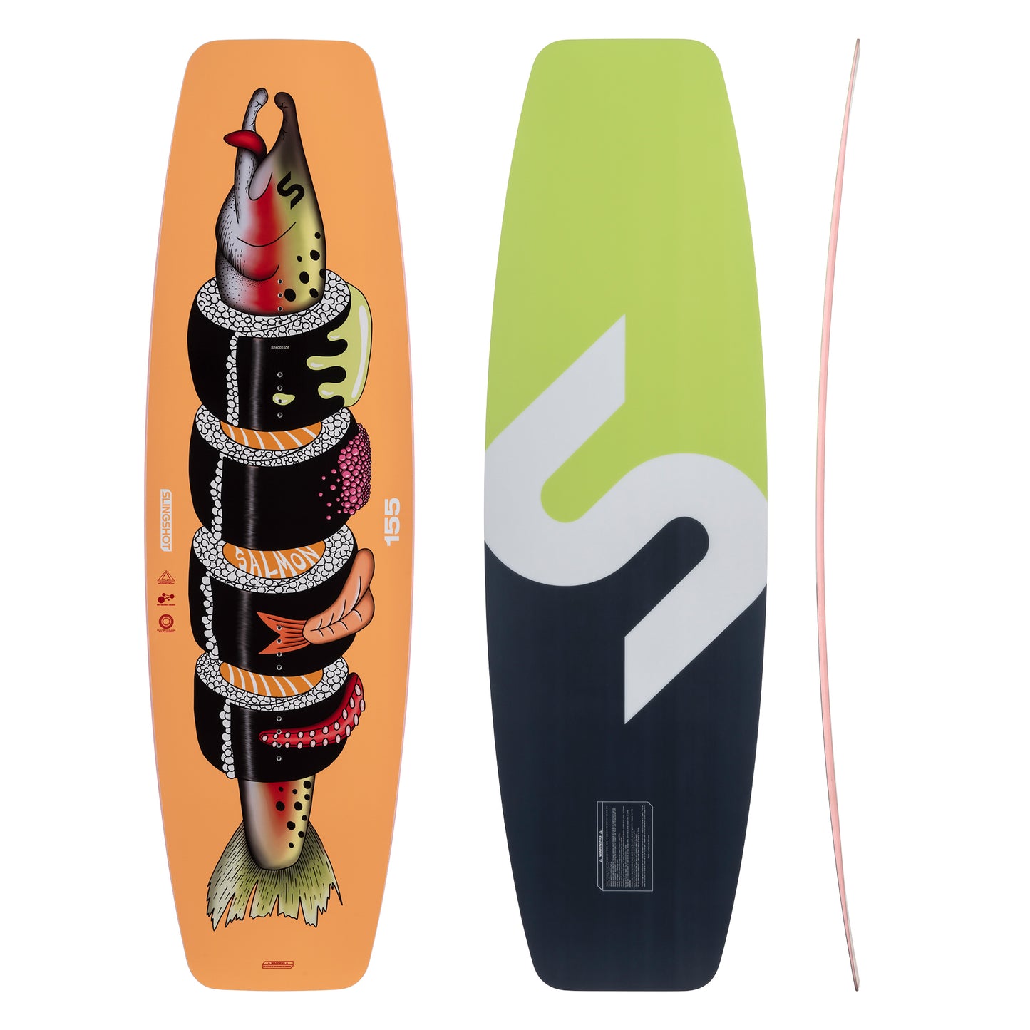 Slingshot Wakeboard "SALMON" mit Comiczeichnung eines Lachs, der in Sushirollen steckt
