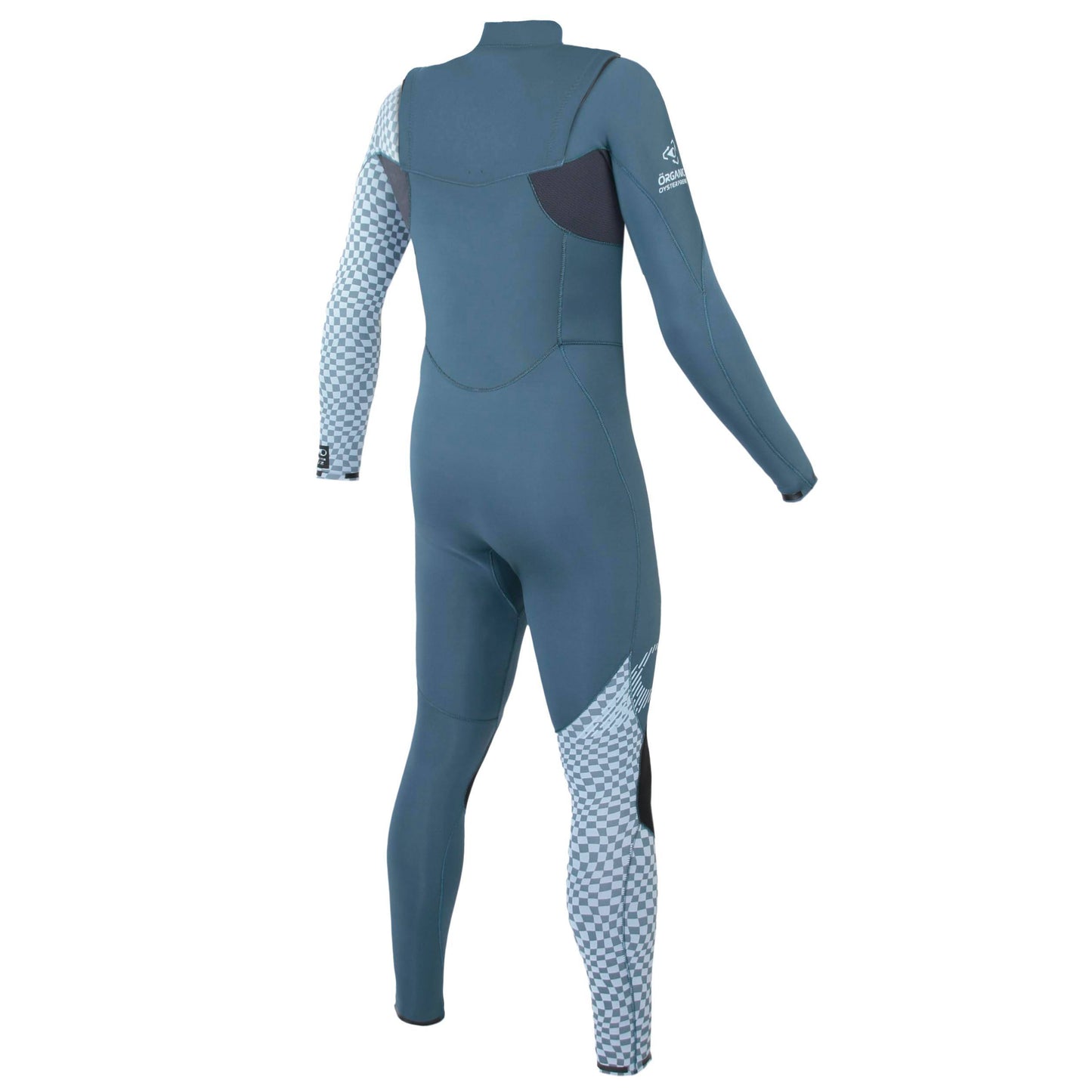 Rückansicht Blauer Neoprenanzug für Herren von der Marke Soöruz mit Schachbrettmuster an einem Bein und einem Arm
