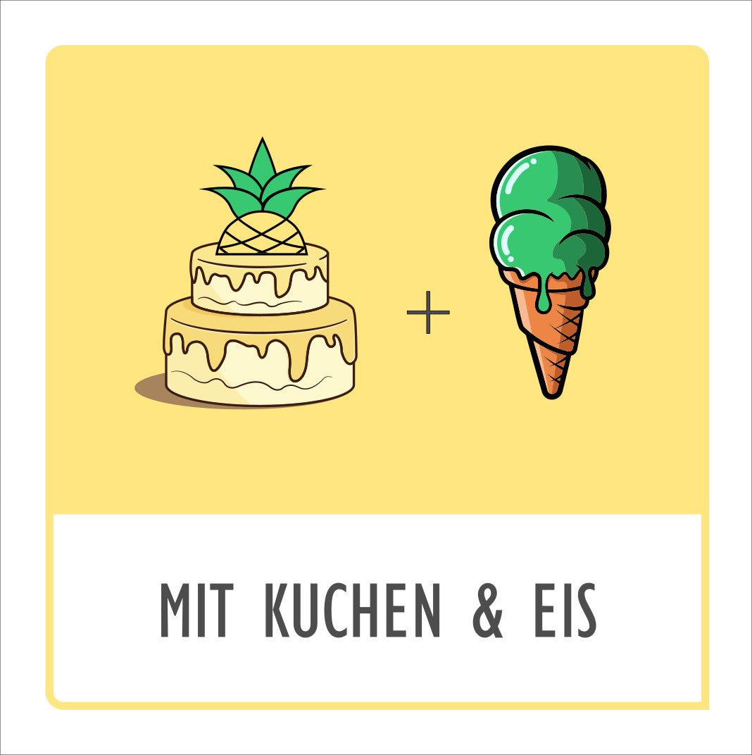 Zeichnung einer Gelben Torte mit Ananas und einGrünes Eis in der Waffel