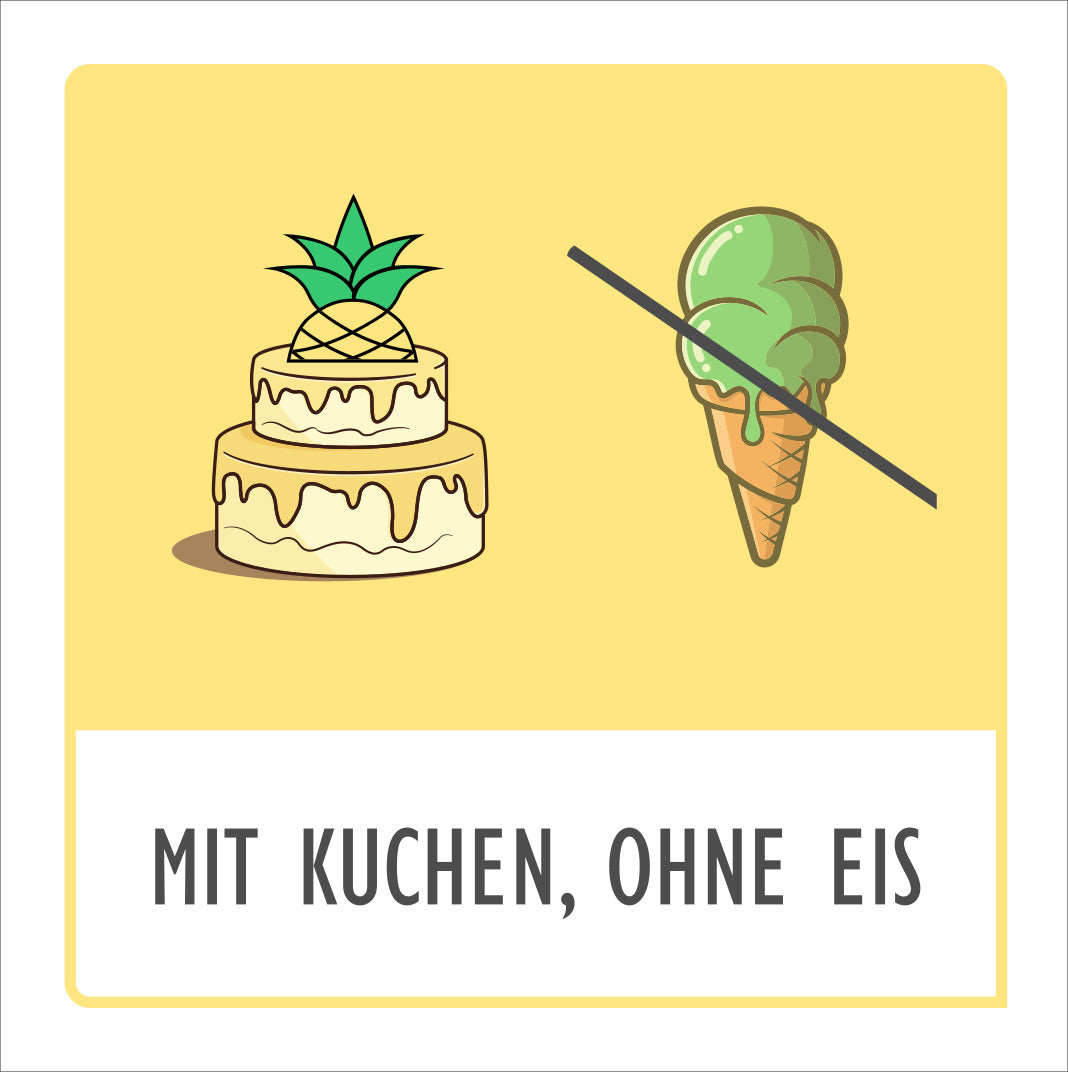 Zeichnung einer Gelben Torte mit Ananas und ein durchgestrichenes Grünes Eis in der Waffel
