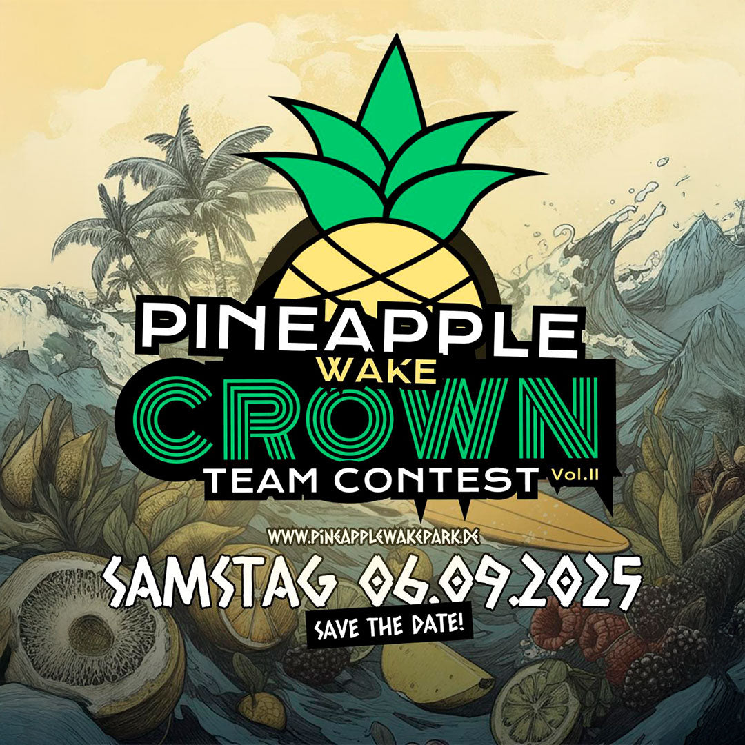 Poster zeigt grün gelbe Ananas und wirbt für den Pineapplewake Crown Team Contest am 06.09.2025