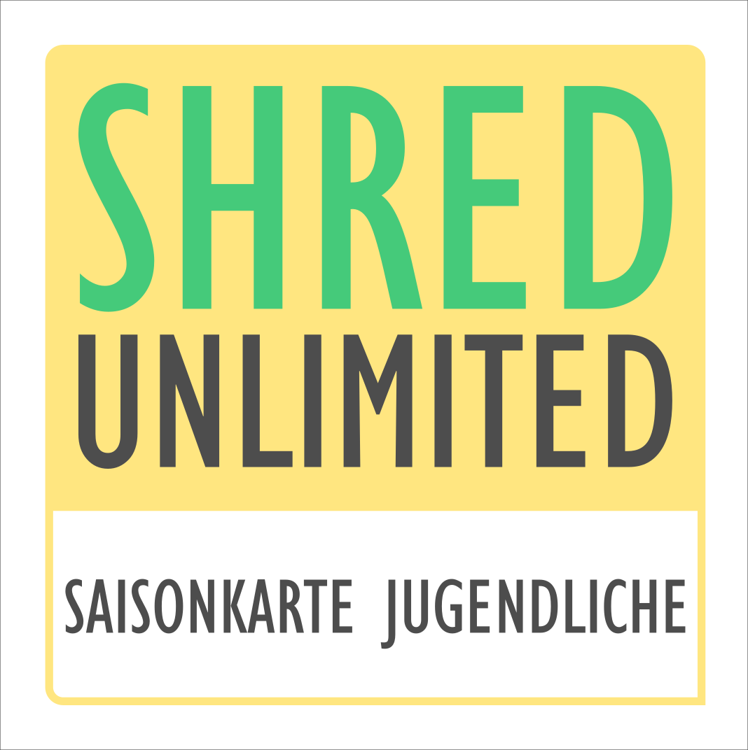 Grafik mit der Aufschrift "SHRED UNLIMITED - Saisonkarte Jugendliche"