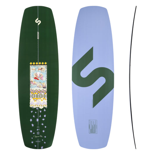 Slingshot Wakeboard "COPYCAT PRO" vorne schwarz mit Grafik, hinten Lila mit schwarzem Logo