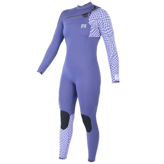 Lilafarbener Neoprenanzug der Marke Soöruz für Damen mit einem Ärmel und einem Bein in Schachbrettmuster